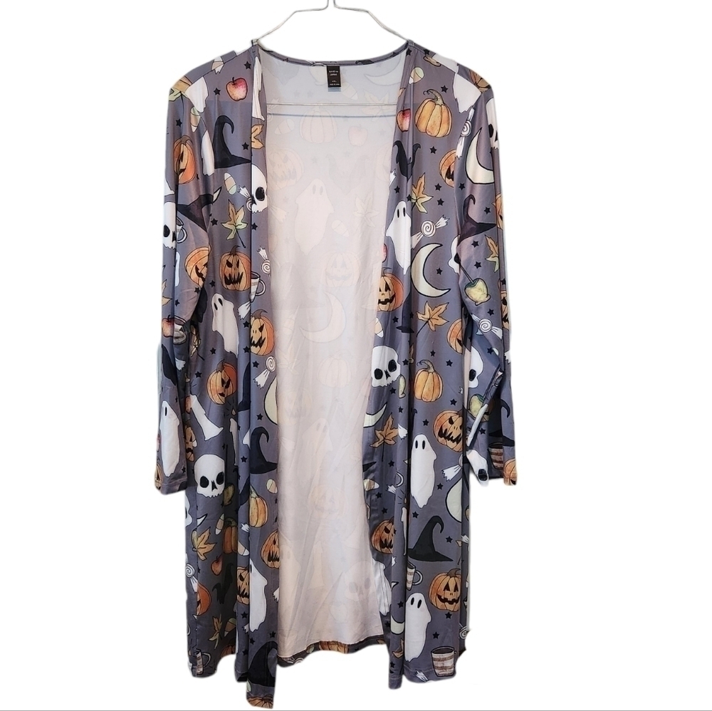 Halloween Open Front Long Cardigan Jacket (20 US) 4XL Gray, Black, White, Orange